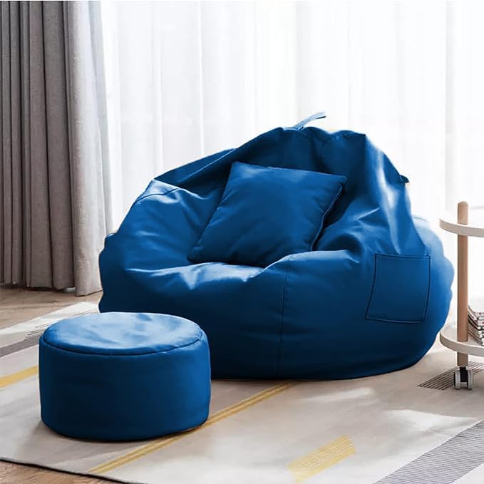 Image of Cover 4XL Without Beans with Footrest and Cushion Lounge Chair Luxury Bean Bag Cover with Footrest Without Beans 4XL (Without Fillers) (Blue New)