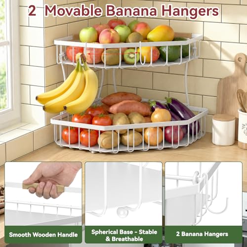 2 Tier Fruit Basket for Kitchen Counter with 2 Banana Hangers for Corner by Tequie - Used condition - Image 4