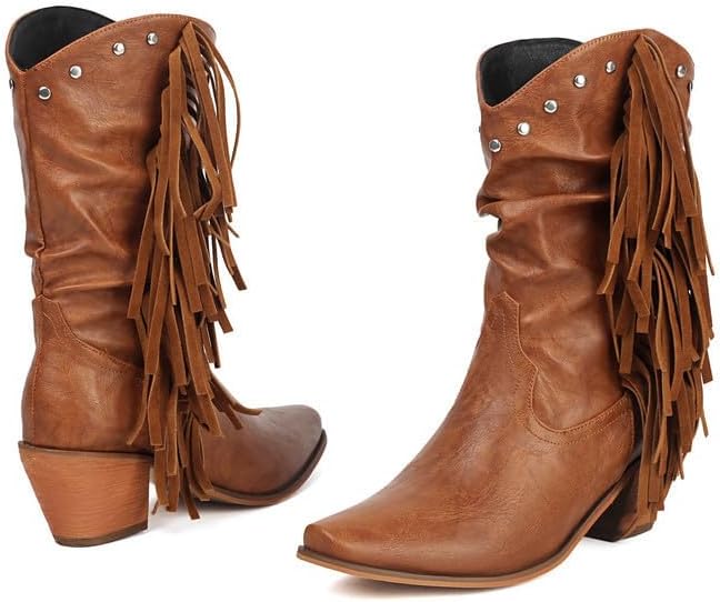 Women's Western Cowboy Boots Fringe Slouch Mid Calf Boots Fashion Buckle Strap Pointed Toe Tassel Western Cowgirl Boots