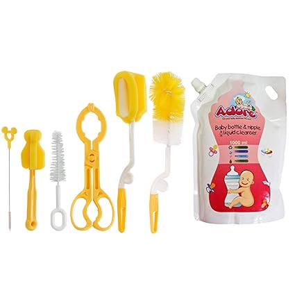 Adore Bottle Nipple and Straw Cleaning Kit,Feeding Bottle Cleaner Brush (Ultimate Brush Kit 6 in 1) with Cleanser (1000ml)