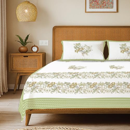 Image of Urban Space 100% Cotton Jaipuri Handblock Printed King Bedsheet with 2 Pillow Covers, 200 TC Cotton King Bed Sheet (Size 108 x 108 inches, Taarini Green)