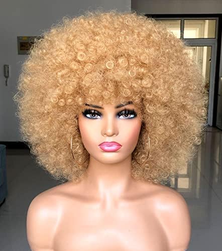 HIHOO Short Afro Wig with Bangs for Black Women Afro Kinky Curly Wig 70s Premium Synthetic Big Afro Wig(Blonde)