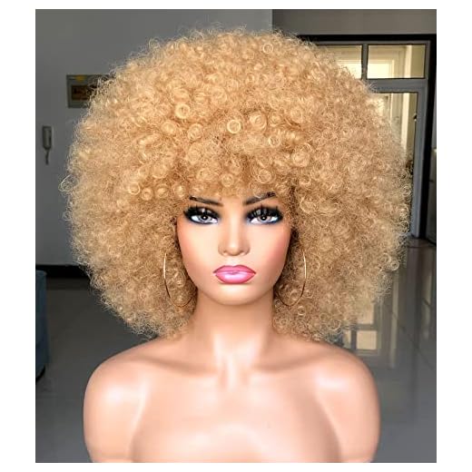 HIHOO Short Afro Wig with Bangs for Black Women Afro Kinky Curly Wig 70s Premium Synthetic Big Afro Wig(Blonde)