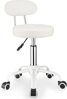 PU Leather Rolling Stool with Back Support Height Adjustable Swivel Stool Chair with Wheels Drafting Chair for Spa Slaon Massage White