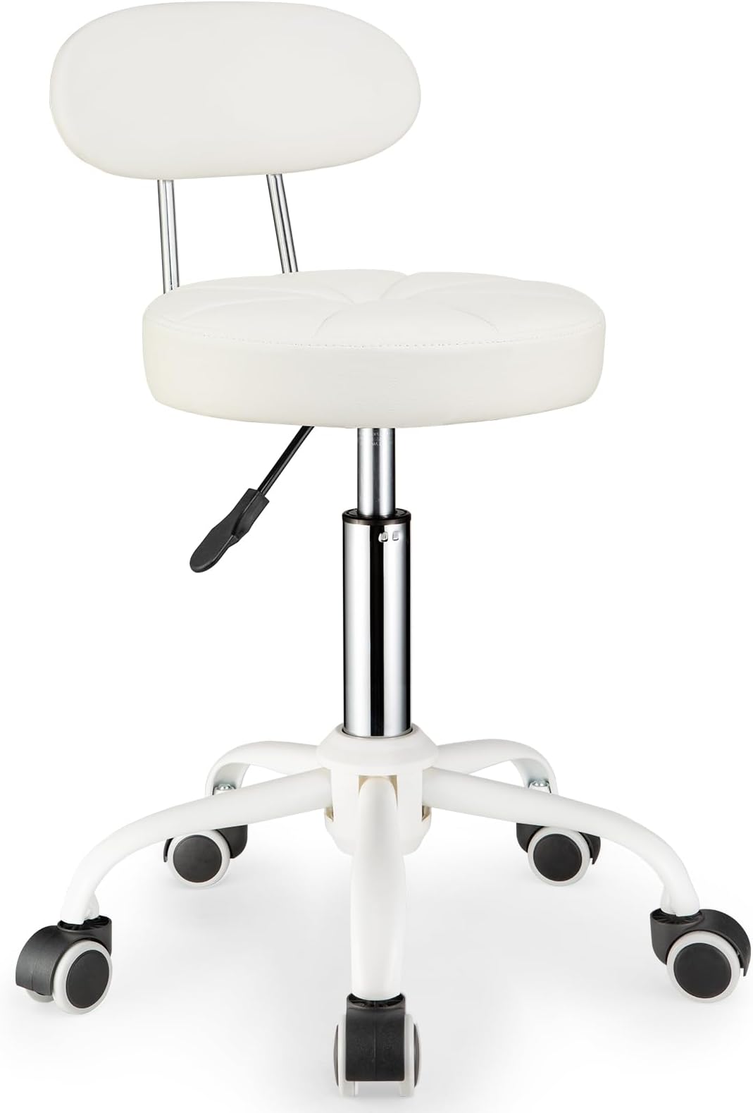 PU Leather Rolling Stool with Back Support Height Adjustable Swivel Stool Chair with Wheels Drafting Chair for Spa Slaon Massage White