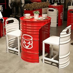 カウンターテーブルチェアセット 3点セット 2人掛け ドラム缶テーブル レトロ ドラムカンテーブル 工業用ガレージスタイル 鉄製 多機能 コンパクト 省スペース 家庭用 カフェ ダイニング パン屋 図書館 営業 バーに適しています 赤...