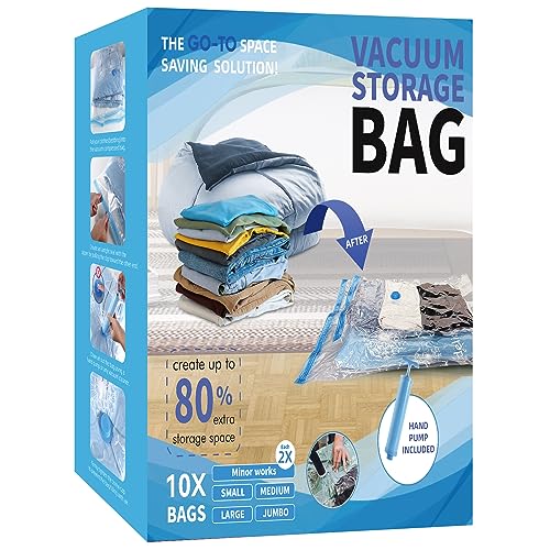 Paquete de 10 bolsas de almacenamiento al vacío, bolsas de ahorro de espacio con bomba de mano, bolsas de sellado al vacío para ropa, organización y almacenamiento, edredones, almohadas, toallas,
