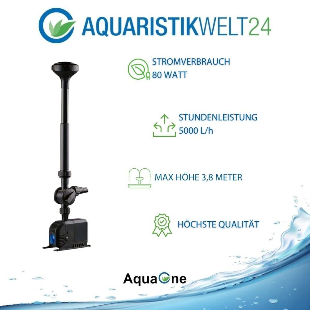AquaOne Fuente para estanque HJ-4503, Bomba de Agua Sumergible, 5000 l/h, 80 W, 2 accesorios, ventilación, bomba de arroyo, ventilación de estanque