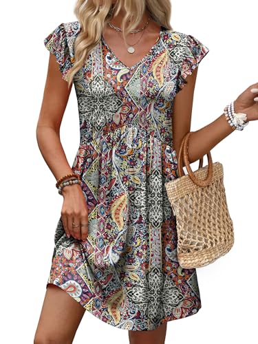 Image of OFEEFAN Summer Dresses for Women Beach Vacation Clothes V Neck Ruffle Sleeve Babydoll Dress Elegant Classy Sundress
