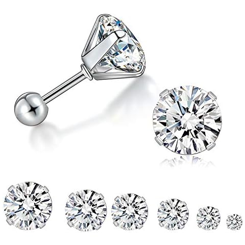 6 Pairs Stainless Steel Stud Earrings Set 316L Hypoallergenic Surgical Steel Piercing Cartilage Fashion Helix Earrings for Women Men Ball Back Cubic Zirconia 3-8mm Cover
