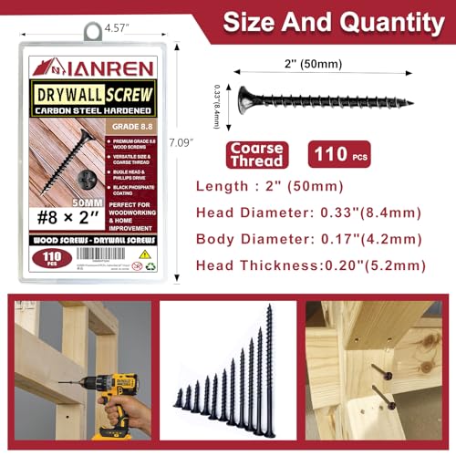 Ianren KA-N8-CS-50C Wood Screws #8 X 2 Inch 100 Pcs Drywall Screws Self-Tapping Screws Black Flat Head Phillips Drywall Screws Coarse Thread Bugle Head Black Phosphate Coated thumb #1