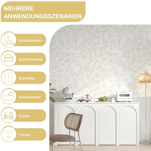 Timeet Selbstklebende Tapete Weiß und Gold Blumen Klebefolie Botanischer Möbelfolie Selbstklebend Textur Möbelaufkleber Wasserfest Vinyl… – Ansicht 6