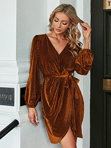 Berrygo Women's Fall Long Sleeve Wrap Semi Formal Velvet Mini Dress Sexy Cocktail Party Winter Prom Dress Burnt Orange M #TOP6