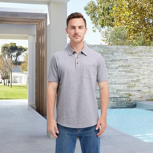 Mens Long and Short Sleeve Polo Shirts Pocket Casual Solid Cotton Blend Drop Cut Collared Polo Shirts for Men2