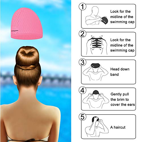 Msicyness Swim Cap for Long/Curly Hair Silicone Swimming Hat for Adult Swimming Pool Laps Latex Rubber Reduce Water Intake Men Women UV Guys Girl Bathing Cap