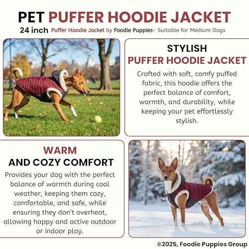 Image of Foodie Puppies Dog Puffer Hoodie Warm Winter Jacket - (Maroon Grey, 24 Inch) for Medium Sized Dogs | Ultra Warm Waterproof & Windproof Fur Coat | Washable Pet Vest Apparel for Cold Weather