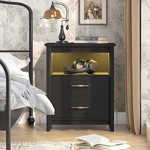 Ikeno Nightstand With Led Lights And Charging Station, 2 Drawers End Table Bedside Table For Bedroom (Black) #TOP2