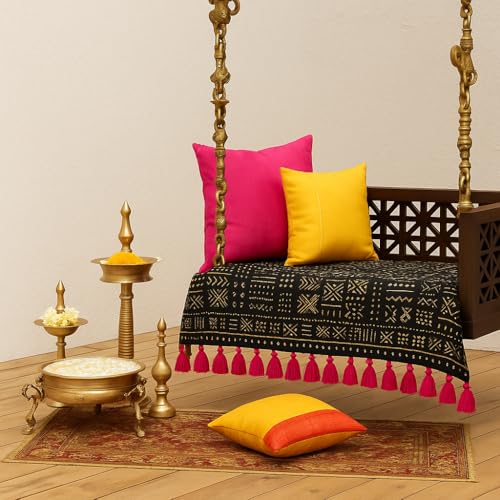 Image of Black Tribal Wooden Swing Seat Cover with Tassels | 2.5 Ft Indian Jhoola Bench Cover for Indoor Outdoor Swing | Solid Wood Swing Jhula Cover for Courtyard, Verandah, Balcony, Living Room Decor