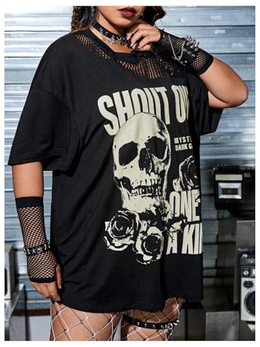 Verdusa Women's Plus Size Skull Letter Mesh Tees Y2k Punk Studded Half Sleeve T Shirt2