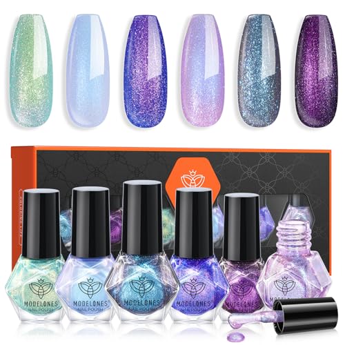 MODELONES Vernis à Ongles, 6 Couleurs Brillant Séchage Rapide, Lot Pailleté Blue Purple Chameleon, Longue Durée, Coffret Vernis à Ongles pour Salon DIY Home