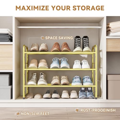 Image of Modern Shoe Rack, 3 Tier Heavy Duty Metal Mesh Shoe Shelf 27 Inch Wide, Gold