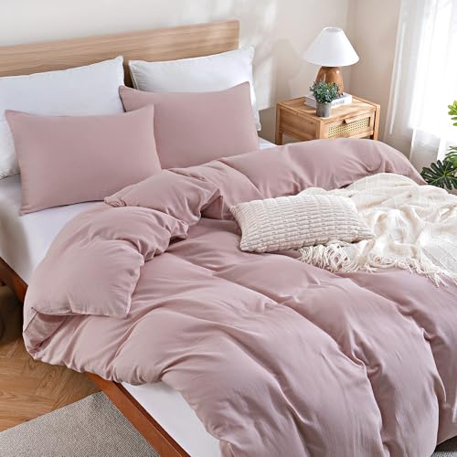 Image of TOCOMOA Muslin Duvet Cover 100% Cotton Like Linen Texture Breathable Soft Comfy 3-Piece Pink Comforter Cover Bedding Set (King 104 inchx90 inch, Comforter Not Included)