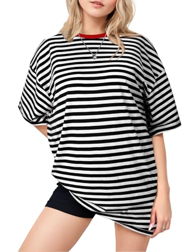 Buauty Womens Oversized Striped T Shirts, Color Block Tee Loose Fit Crew Neck Short Sleeve Tops Casual Summer Y2K 2025 Trendy2