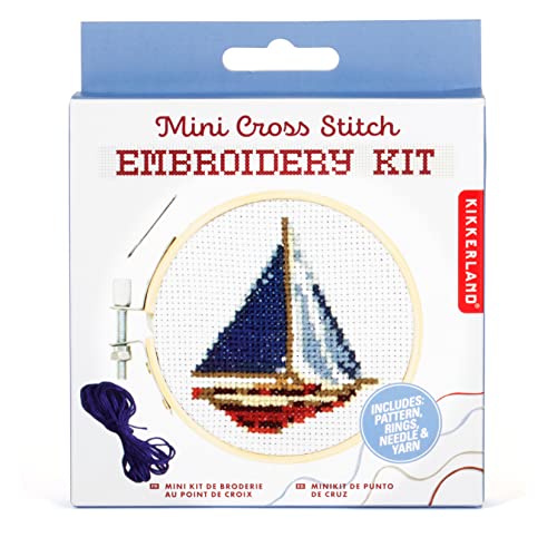 Image of Kikkerland DIY Mini Cross Stitch Sailboat Embroidery Craft Starter Kit Set, with Pattern Instructions, 3 inch Bamboo Hoop, Stress Relief, Adult Beginner Friendly