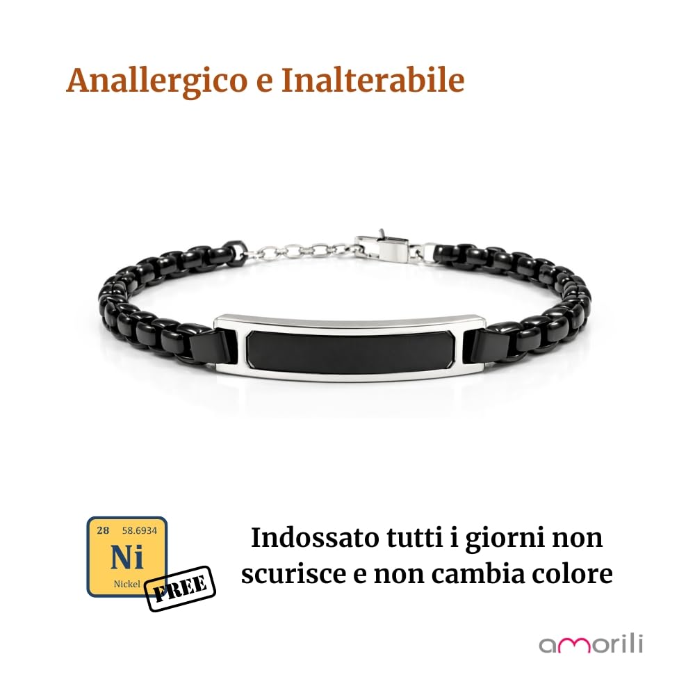Bracciale Uomo Personalizzabile con Incisione in Acciaio Inox Classico e Nero – Gioiello Maschile Personalizzato con Frasi e Date – Idea Regalo Uomo bcc3174