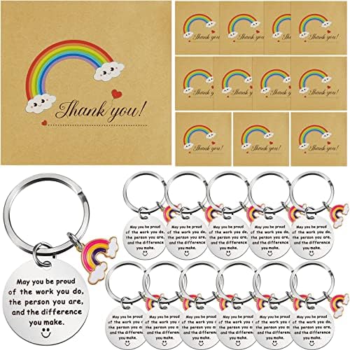 Nezyo 12 Set Leaving Present for Colleagues Including Rainbow Thank You Card Inspirational Keyring Rainbow Keychain and Envelope for Party Birthday Teacher Retire Colleague Wedding Christmas