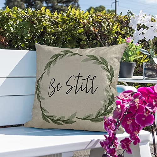 Fahrendom Rustic Be Still Green Olive Wreath Vintage Farmhouse Décor Spring Summer Sign Decoration Cotton Linen Home Decorative Throw Pillow Case Cushion Cover With Words For Sofa Couch, 18 X 18 In #TOP6