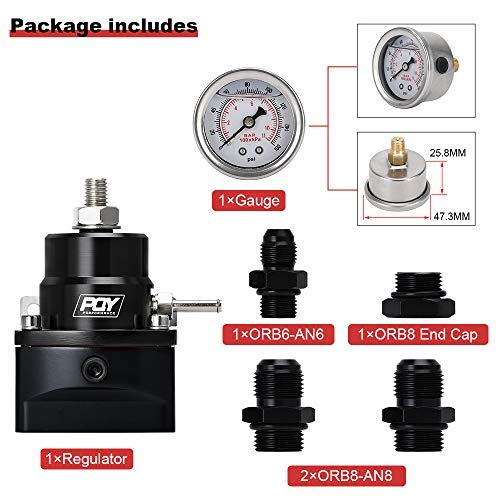 Pqy Fuel Pressure Regulator An8 Feed & An6 Return Line + 0-160Psi Gauge Set Black #TOP3