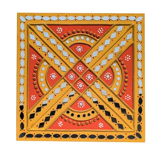 Image of Ethnics of Kutch Traditional Kutch Handicraft Mud-Mirrorwork Lippan Kam Wall Art (Water and Break Resistant) - Square (12 inch x 12 inch) - (Pink LKT-0288)