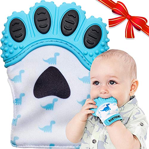 Babynoms Teething Mitten | The Original Teething Paw | Safe Silicone Teething Toys Or Teething Ring Provides Self-Soothing Teething Relief | Dino Blue Teether #TOP1