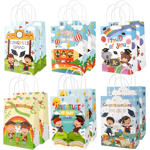 12 PCS Paper Kindergarten Graduation Gift Bags with Hasndles For Boys Girls Pre K Class Gifts Goodie Candy Snack Treat Wrap Congrats Grad Party Favors Supplies Decorations Class of 2026 Cute Baggies