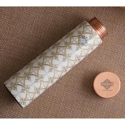 Image of INDIAN ART VILLA Copper Gold Print Copper Bottle, Copper Drinkware, 800 ML, Gold Printed White