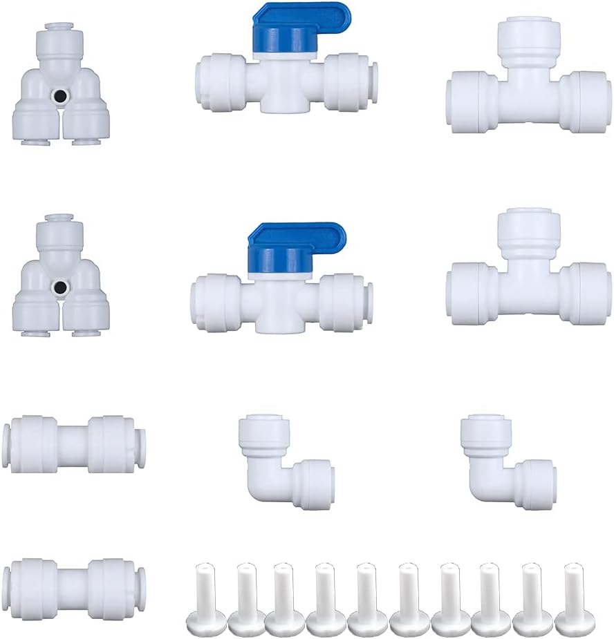 2018 1/4-inch OD Push to Connect Quick Fitting Combo for RODI System(Ball Valve+T+Y+L+I Assortment Package, Pack of 10)