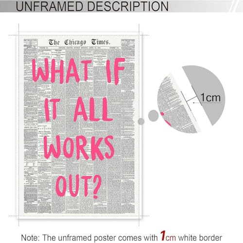 Image of Drimiler What If It All Works Out Poster Retro Newspaper Pink Font Canvas Wall Art Positive Affirming Quote Minimalist Prints Painting For Home Bedroom Dorm Wall Decor 8x12in Unframed