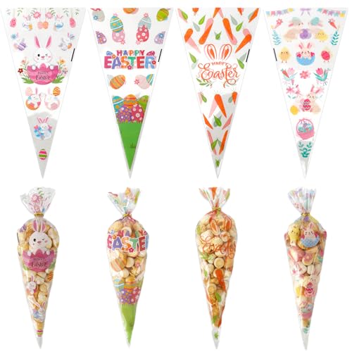 100 Pièces Sachet Paques Sachet Bonbon Pâques Enfant Petit Sac Cadeau Transparent Cellophane Pochette Plastique Emballage Avec Attaches Torsadées Pour Les Chocolats Biscuit Oeufs Lapin Decoration