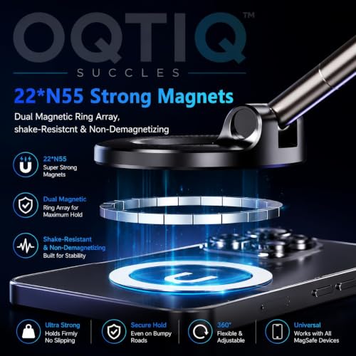 Image of OQTIQ SUCGLES Vacuum Magnetic Phone Holder for Car, 360 Adjustable Foldable Mobile Holder with Ultra Strong Suction & Powerful Magnetic Grip, Dashboard, Windshield & Desk Mount for All Smartphones