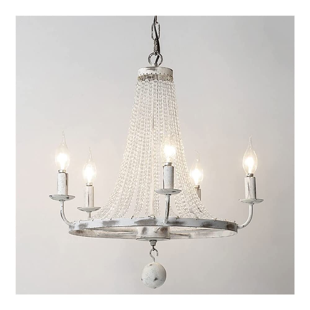 sjdoPulse Wagon Wheel White Chandelier, French Country Beaded Hanging Lamp, Rustic Vintage Candle Pendant Light Antique Crystal Chandelier For Living Room,5 Lights