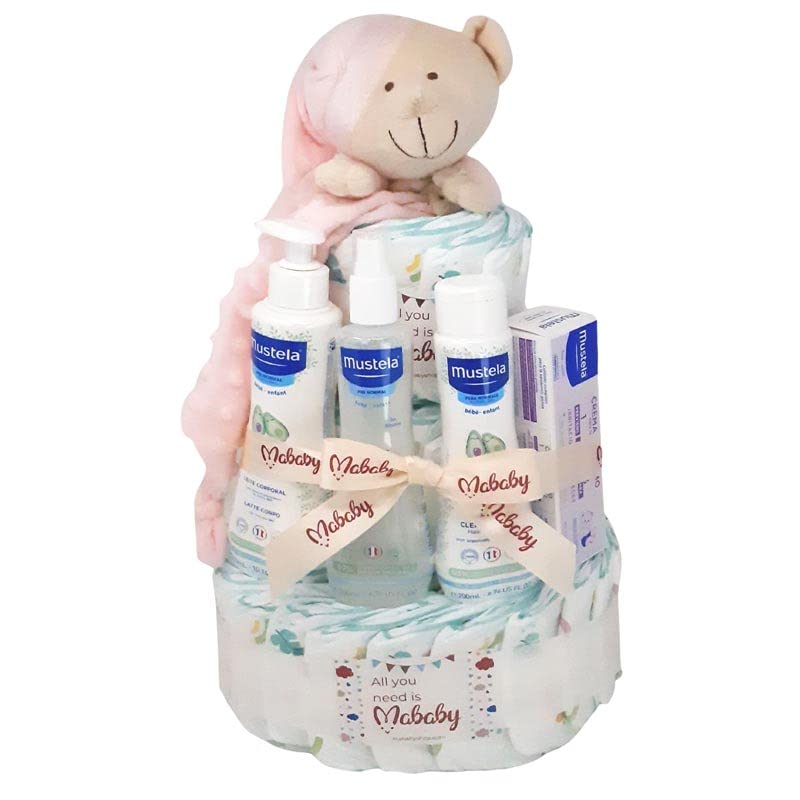 Mababyshop, Tarta Pañales Mis Primeros Cuidados, 42 uds talla 2, Colonia, Gel 200, Hidra Bebé 300, Toallitas, Crema Pañal 50 ml y Dou Dou de Apego, Regalos. Tarta Recien Nacido Original (Rosa)