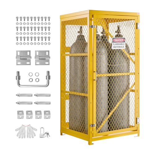 VEVOR Vertical Cylinder Storage Cabinet 31 L x 30 W x 65 H 9 Cylinder Capacity Propane Storage Cage with Chain Lock and Keys Yellow Powder-Coated Carbon Steel for Propane Oxygen Nitrogen