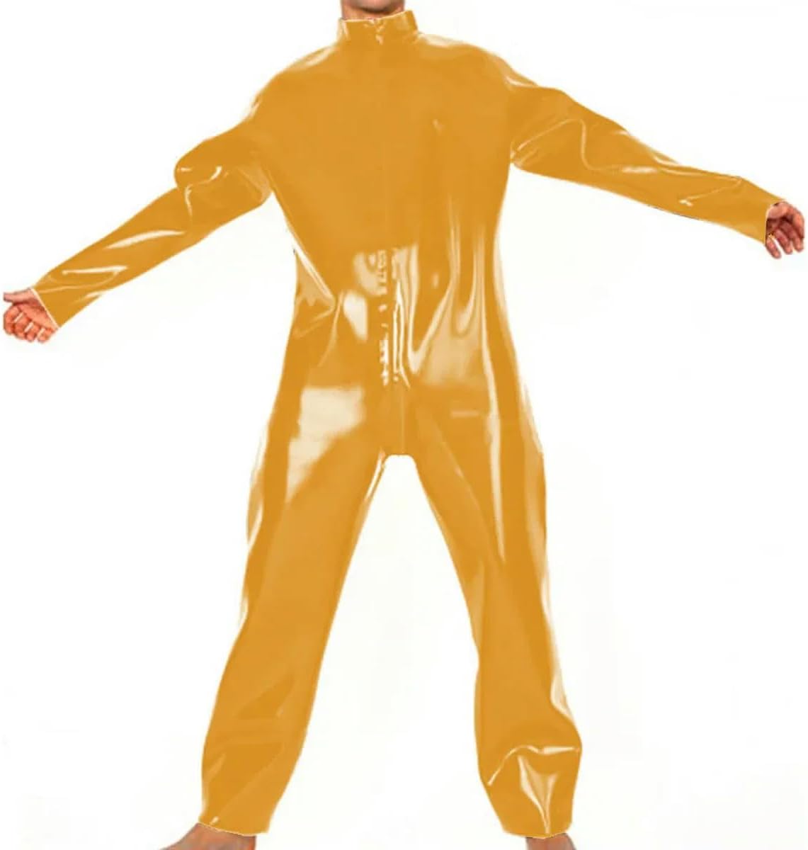 Mens Loose Latex-look PVC Long Sleeve Bodysuit Mock Neck Rompers