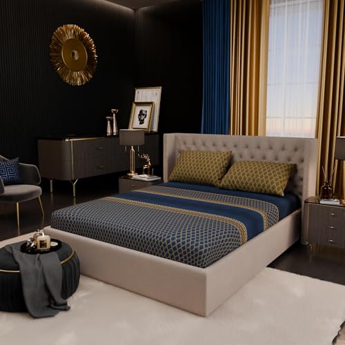 Image of Stoa Paris 100% Bamboo Cotton King Size Fitted Bedsheet with 2 Pillow Covers, 200TC Printed Bed Set, Breathable, All-Season Comfort, Home Decor, Imperial Grandeur - Indigo Arcadia (182cmx198cm+30cm)