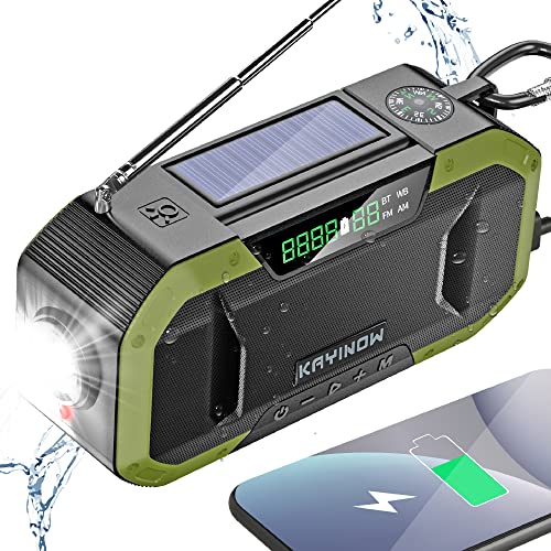 Hand Crank Radio with Bluetooth Speaker â€“ Multifunctional Emergency Radio with Solar Panel,Flashlight,AM,FM â€“ NOAA Weather Radio with 5000mAh Battery â€“ IPX5 Waterproof Crank Radio for Camping, Outdoor