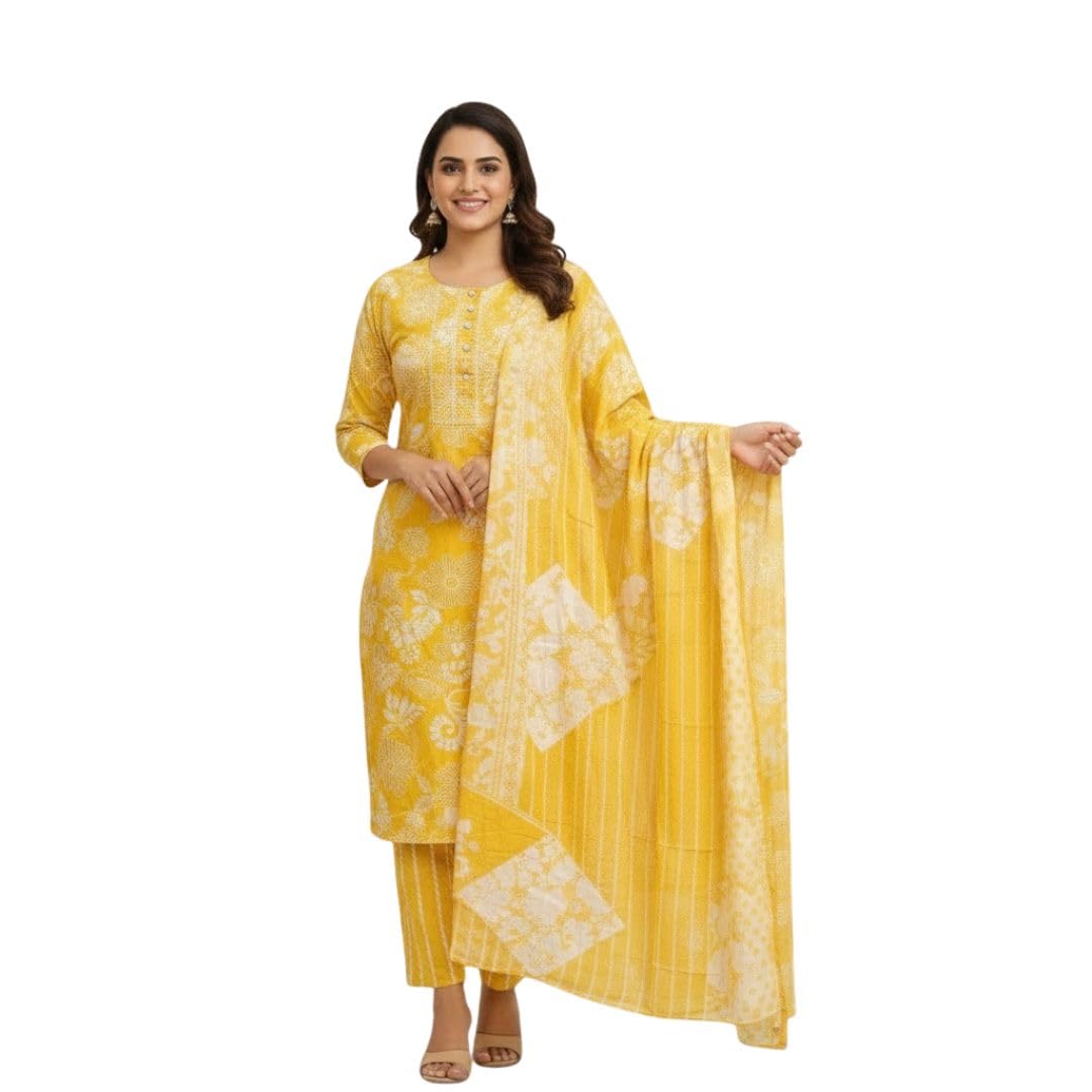 Women's Pure Cotton Floral Print Straight Kurta with Pant and Dupatta Set Ethnic Suit Set with Thread Work for Women & Girls Casual Tunic Se-picture-32