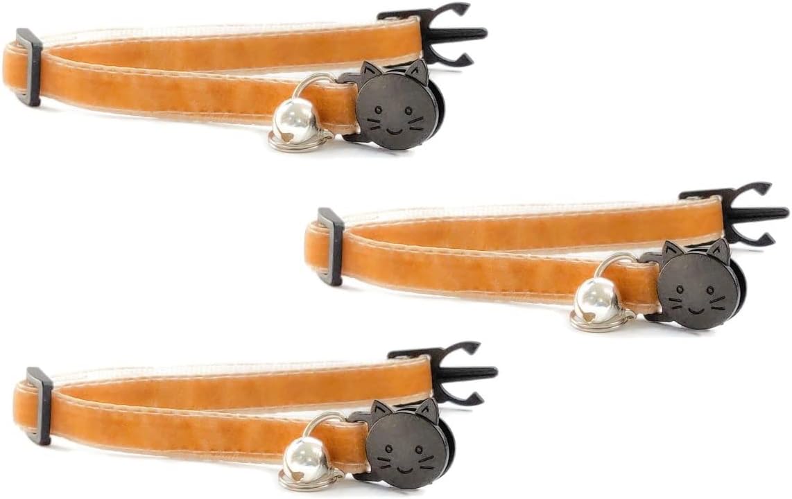 Velvet Cat Collars with Bell. Safe Breakaway Quick Release Buckle. Available in Cat & Kitten Size (Pack of 3) (Cat Collar (20cm