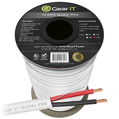 GearIT 14/2 Speaker Wire (250 Feet) 14AWG Gauge - in Wall Audio Speaker Wire Cable / CL2 Rated / 2 Conductors - OFC Oxygen-Free Copper, White 250ft