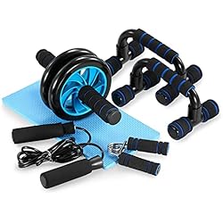 Productos De Gimnasio Para Casa TOMSHOO 5 in 1 - Kit de Rueda Abdominal, Push Up Bars, Cuerda para Saltar, Fortalecedor de Mano, Rodilla Mat para Entrenamiento en Casa Ejercicios Fitness (Negro y Azul)